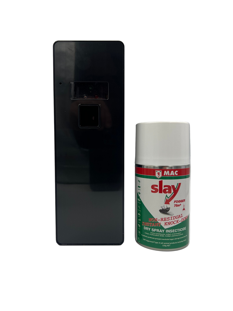 Black electronic device next to a can of MAC Slay insecticide on a gray background